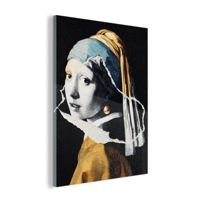 Glasbild - 30x40 cm - Wandkunst - Mädchen mit Perlenohrring - Gold - Schwarz - Weiß