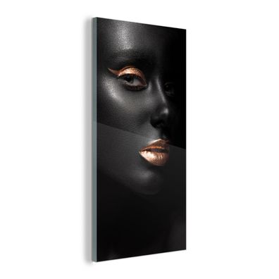 Glasbild - 40x80 cm - Wandkunst - Frau - Make-up - Kupfer - Schwarz