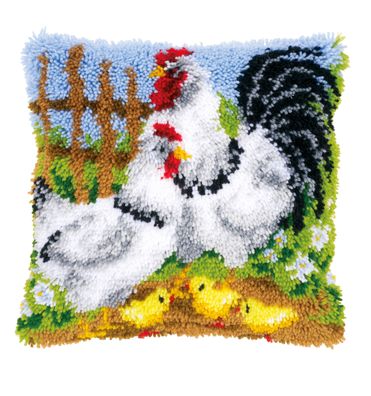 Vervaco PN-0148984 Knüpfkissen Hühnerfamilie auf dem Bauernhof