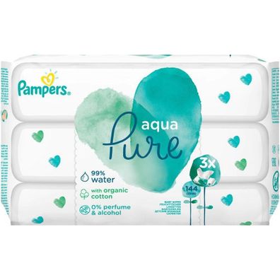 Pampers Aqua Pure Feuchtt?cher mit purem Wasser und Bio-Baumwolle 3x48 St?ck