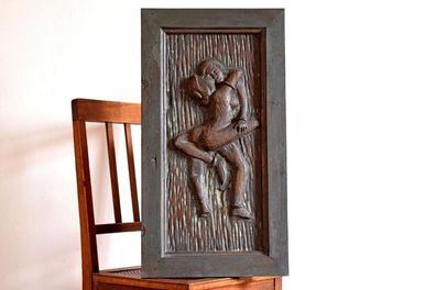 Kamasutra Relief Tafel Teak Holz Groß 70 x 37cm Alt Antik Figur Indien Vintage