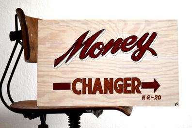 Schild handgemalt "Money Changer" Calcutta New Market 27 x 44cm Groß Wechselstube