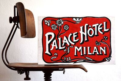 Schild handgemalt 27 x 44cm Groß "Palace Hotel Milan" Vintage Holz Bild Jugendstil