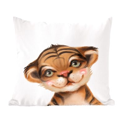 Zierkissen - Sofakissen - Dekokissen - 60x60 cm - Tiger - Kinder - Weiß