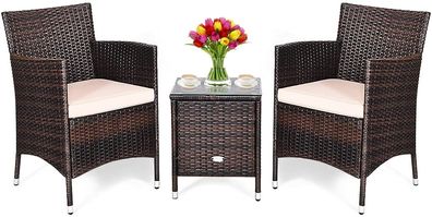 3tlg. Rattanmöbel-Set, Gartenset Rattan-Set mit Couchtisch, Stühlen & dicken Kissen