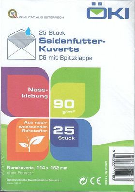 Kuvert C6 weiß, ohne Fenster, Nassklebung, Seidenfutter (VPE=25STK)