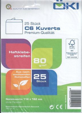 Kuvert C6 weiß, ohne Fenster, Haftklebestreifen (VPE=25STK)