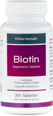 Biotin für Haare, Haut, Fingernägel, hochdosiert, 10.000 µg, 365 Tabletten EXVital