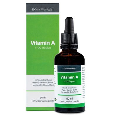 Vitamin A Tropfen, 5000 I.E (1500 µg), hochdosiertes Retinol - Vegan von EXVital