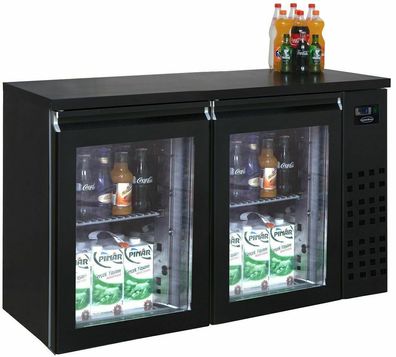 Gastro Barkühler Bar-Kühlschrank schwarz 2 Glastüren, 320l, 1380x550x950 mm NEU