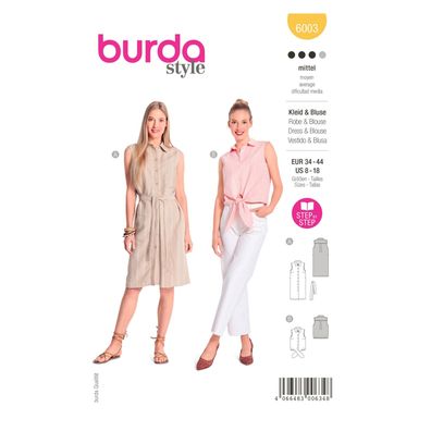 burda style Papiersc Blusenkleid mit Bindegürtel und ärmellose Bluse zum Knoten #6003