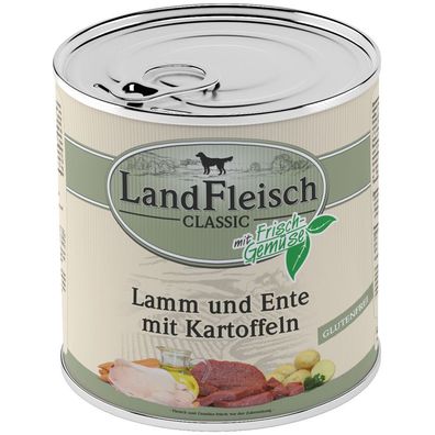 LandFleisch | Pur - Lamm & Ente & Kartoffeln - 6 x 800g ¦ nasses Hundefutter in Dosen