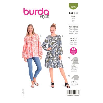 burda style Papierschnittmuster Weite Bluse und Kleid mit Ballonärmeln #6002