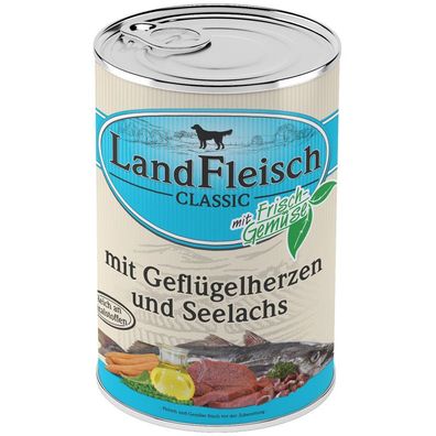 LandFleisch ¦ Pur- Geflügelherzen & Seelachs - 12 x 400g ¦ nasses Hundefutter in ...