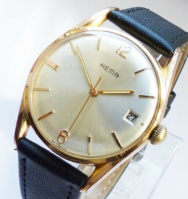 Seltene schöne HEMA Aida SWISS Calendar 17Jewels Herren Vintage Armbanduhr 60er Jahre