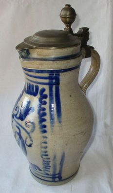 alter Keramik Krug Birnkrug Blauschürzenkrug Weinkrug mit Zinndeckel (130039)
