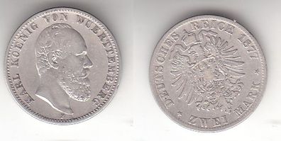 2 Mark Silber Münze Württemberg König Karl 1877 F (112941)