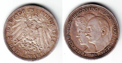 3 Mark Silber Münze Anhalt Silberhochzeit 1914 (104858)