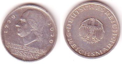 5 Mark Silber Münze Weimarer Republik Lessing 1929 A (MU1022)