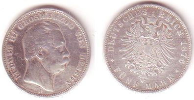 5 Mark Silber Münze Hessen Großherzog Ludwig III 1875 (MU1084)