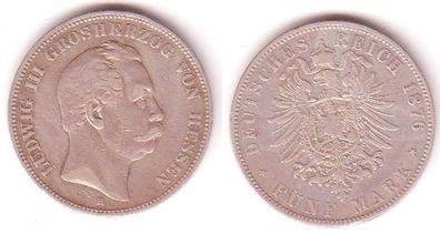 5 Mark Silber Münze Hessen Großherzog Ludwig III 1876 (MU1081)