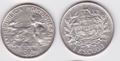 1 Escudo Silber Münze Portugal Outubro 1910 vz. KM 560 (140501)