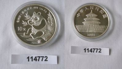 10 Yuan Silber Münze China Panda 1 Unze Feinsilber 1991 Stgl. (114772)