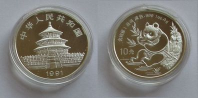 10 Yuan Silber Münze China Panda 1 Unze Feinsilber 1991 Stgl. (132312)