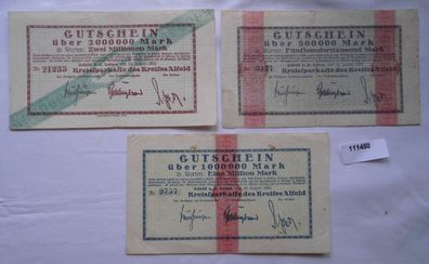 3 Banknoten Inflation Kreissparkasser Kreis Alfeld 10. August 1923 (111450)