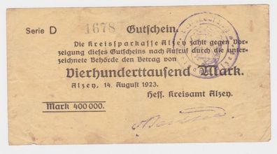 400000 Mark Banknote Inflation Kreissparkasse Alzey 14.8.1923 RAR (140366)