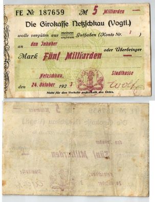 5 Milliarden Mark Banknote Inflation Girokasse Netzschkau 24.10.1923 (123530)