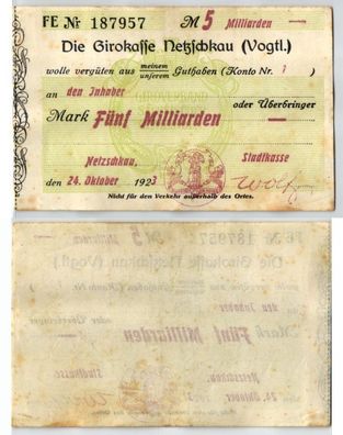 5 Milliarden Mark Banknote Inflation Girokasse Netzschkau 24.10.1923 (123618)