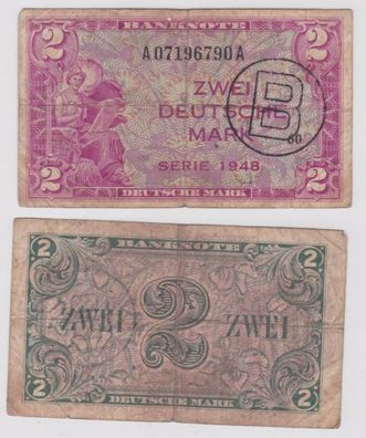 2 Mark Banknoten Bank Deutscher Länder 1948 mit B Stempel (119023)