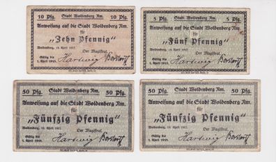 5, 10 & 2 x 50 Pfennig Banknoten Notgeld Stadt Woldenberg 1917 (137781)