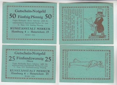 25 & 50 Pfennig Banknoten Notgeld Hamburg Kunstanstalt Merkur 1920 (115847)