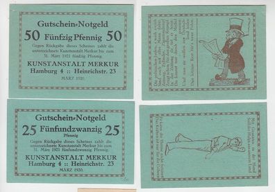 25 & 50 Pfennig Banknoten Notgeld Hamburg Kunstanstalt Merkur 1920 (116242)