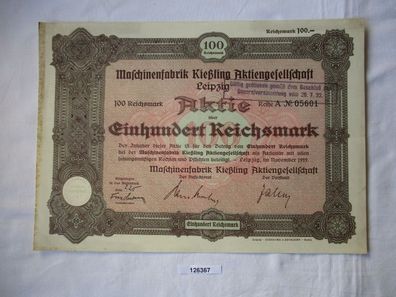 100 Reichsmark Aktie Maschinenfabrik Kießling AG Leipzig November 1929 (126367)