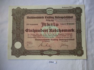 100 Reichsmark Aktie Maschinenfabrik Kießling AG Leipzig November 1929 (129847)