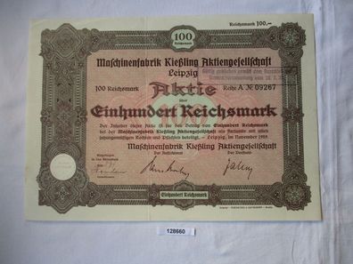 100 Reichsmark Aktie Maschinenfabrik Kießling AG Leipzig November 1929 (128660)