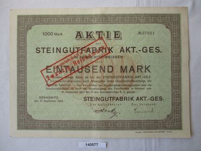 1000 Mark Aktie Steingutfabrik AG Sörnewitz 15. September 1923 (140577)