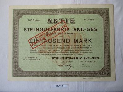 1000 Mark Aktie Steingutfabrik AG Sörnewitz 15. September 1923 (140616)