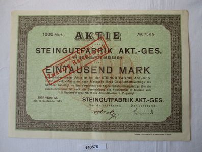 1000 Mark Aktie Steingutfabrik AG Sörnewitz 15. September 1923 (140575)