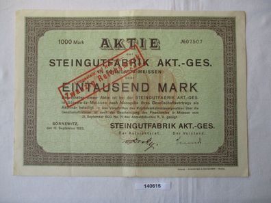 1000 Mark Aktie Steingutfabrik AG Sörnewitz 15. September 1923 (140615)