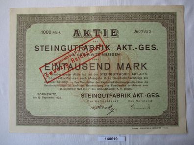 1000 Mark Aktie Steingutfabrik AG Sörnewitz 15. September 1923 (140619)