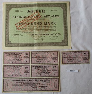 1000 Mark Aktie Steingutfabrik AG Sörnewitz 15. September 1923 (140697)