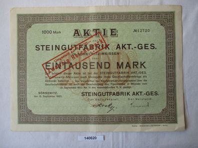 1000 Mark Aktie Steingutfabrik AG Sörnewitz 15. September 1923 (140620)