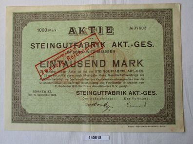 1000 Mark Aktie Steingutfabrik AG Sörnewitz 15. September 1923 (140618)