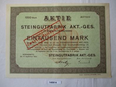 1000 Mark Aktie Steingutfabrik AG Sörnewitz 15. September 1923 (140614)