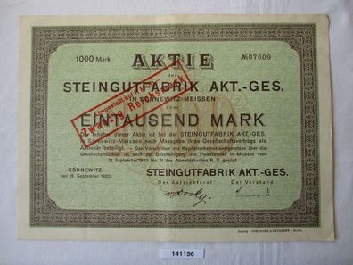 1000 Mark Aktie Steingutfabrik AG Sörnewitz 15. September 1923 (141156)