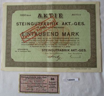 1000 Mark Aktie Steingutfabrik AG Sörnewitz 15. September 1923 (140689)